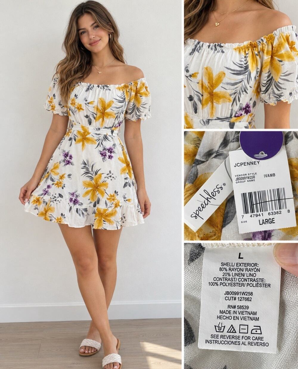 NWT Boho Speechless Women's Off Shoulder Floral Mini Dress Size L White Yellow